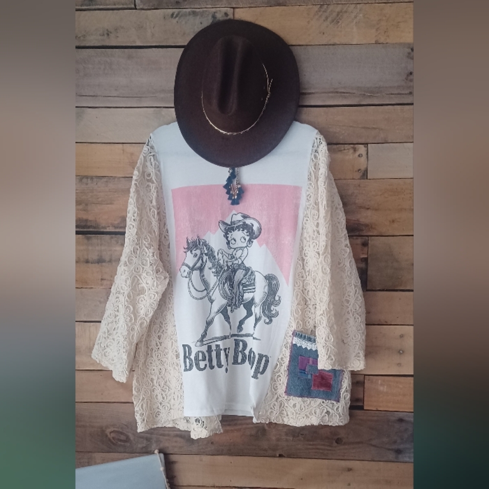 Upcycled Wester Betty Boop  Graphic T-shirt Lace Sleeve Top .